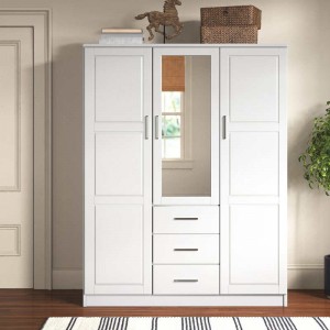 MWD22008-Solid wood family wardrobe/closet/closet, 3-door closet with mirror and 3 drawers, white.